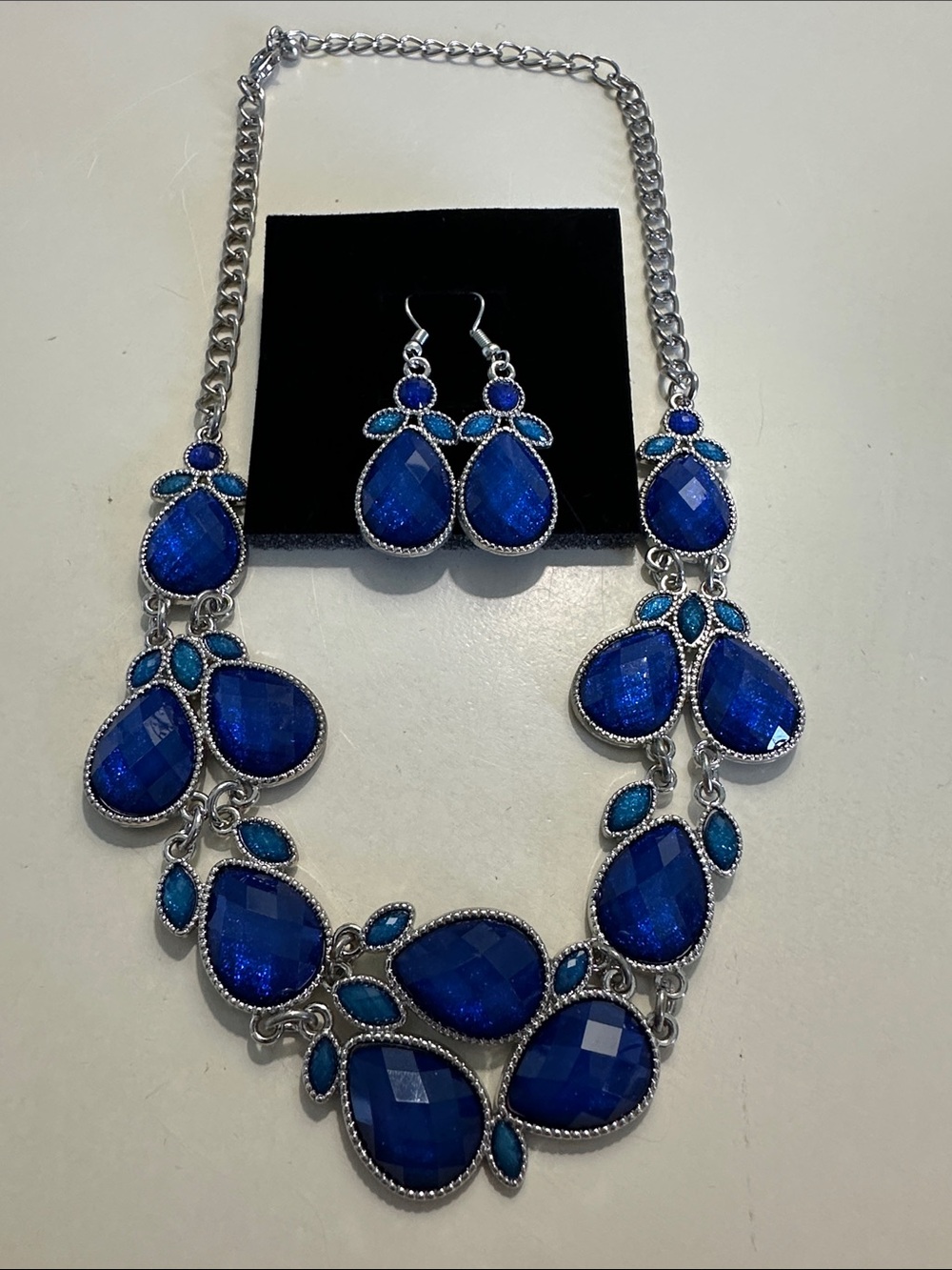 Statement Blue Teardrop Necklace & Earrings Set